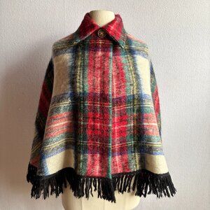 1960s 1970s Red Plaid Mohair Waist Length Fringed Cape